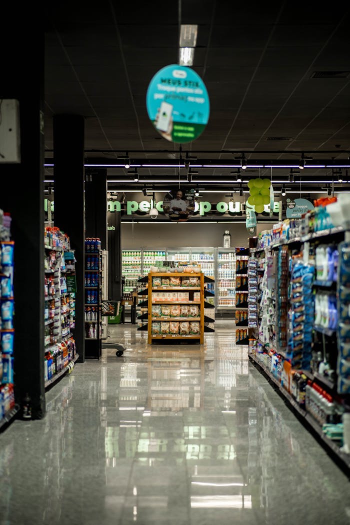 about-01 A well-lit grocery store aisle with stocked shelves, reflecting a serene shopping environment.